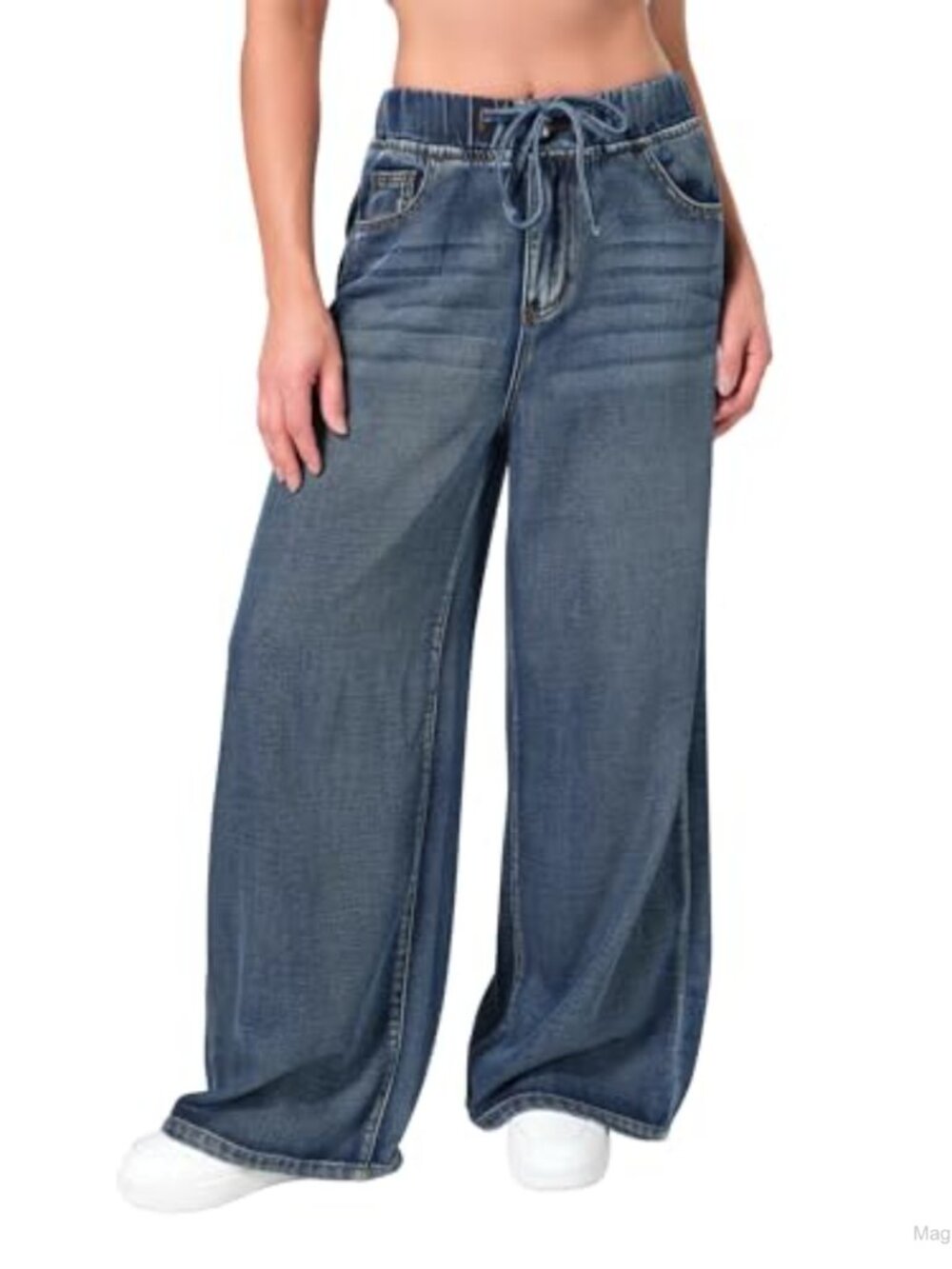 Wide Leg Jeans with Drawstring Elastic Waist High Rise